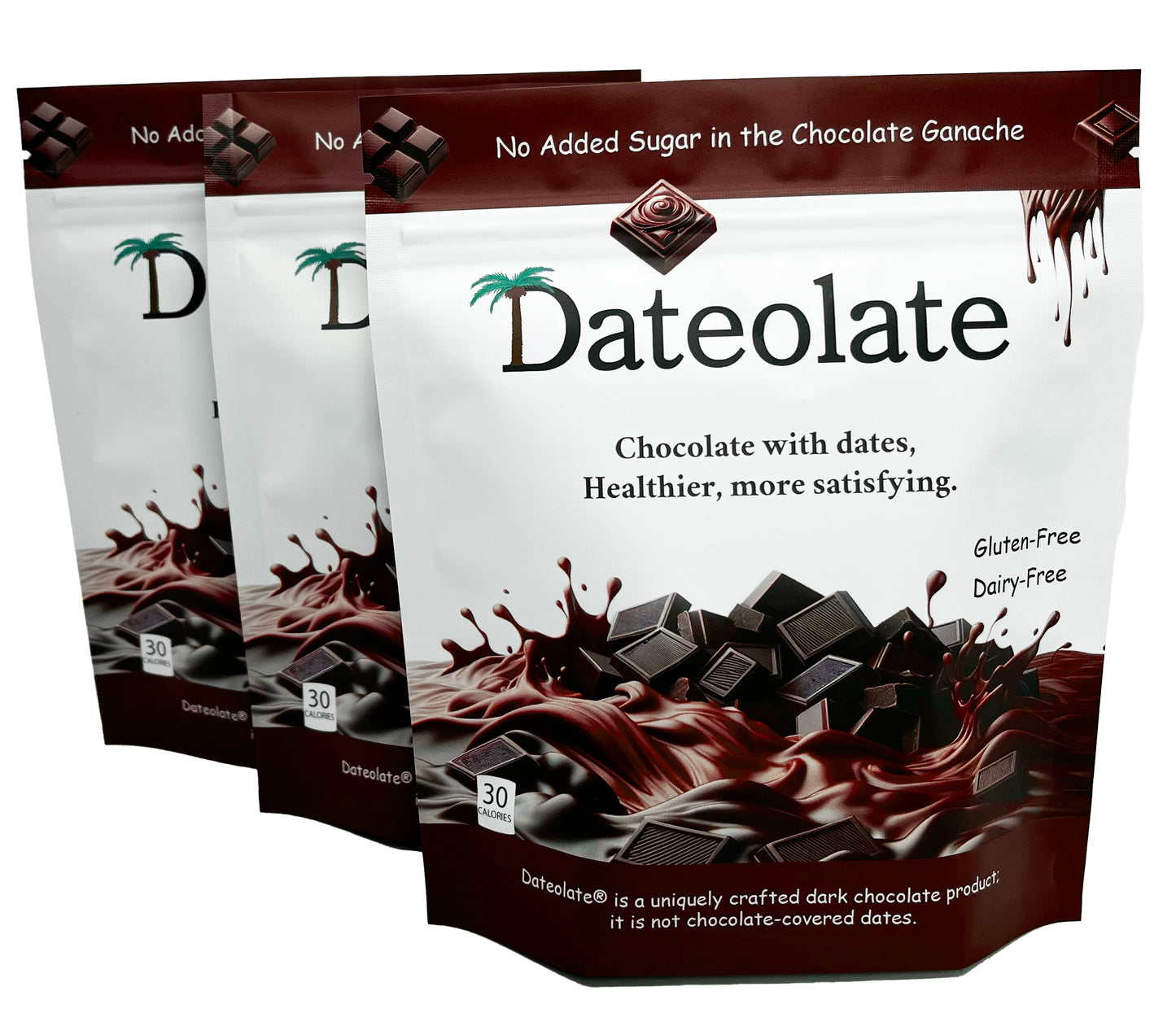 3-Pouch Bag of Dateolate – A Premium Chocolate Experience - All Natural filling - Dairy Free, Gluten Free - Koher