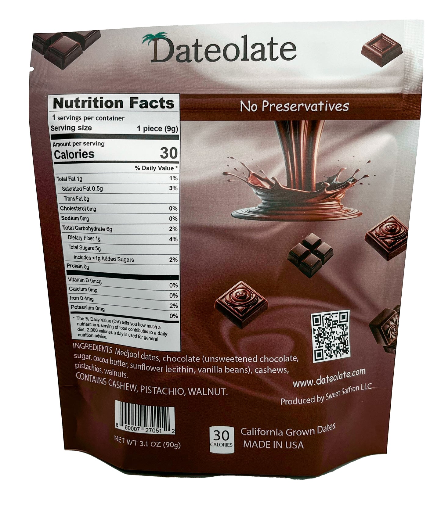 3-Pouch Bag of Dateolate – A Premium Chocolate Experience - All Natural filling - Dairy Free, Gluten Free - Koher